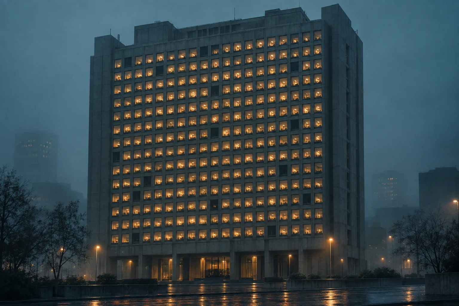 Un edificio de hormigón en la niebla, de noche, con casi todas sus ventanas iluminadas